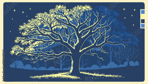 Night Scene with a Large Tree and Starry Sky Nature Illustration Peaceful Landscape Vector Graphic.