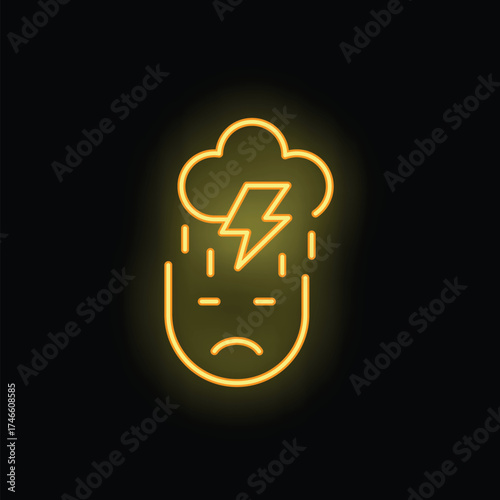 Neon sign representing a sad face with a cloud and a lightning bolt above, symbolizing depression