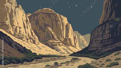 Nighttime Canyon Landscape Starry Sky River Mountains Cliff Desert Nature Illustration.