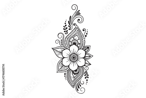 Intricate black and white henna design with floral elements, isolated on transparent background