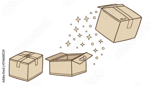Cartoon illustration of a cardboard box opening with magical sparkles delivery concept package shipping present gift surprise.