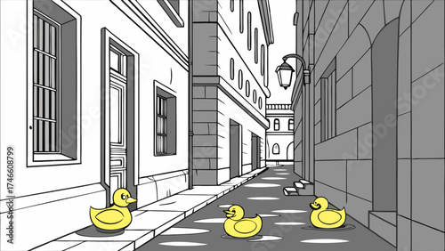 Cartoon rubber ducks in a narrow city alleyway whimsical illustration playful urban scene cute yellow ducks street art style childrens book illustration.