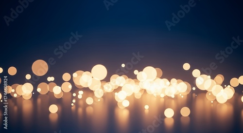 A captivating abstract background showcases a vibrant array of golden-orange bokeh lights, shimmering softly against a deep, dark blue backdrop. These diffused, circular glows create a magical and fes