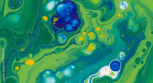 A captivating abstract background showcases a vibrant fusion of liquid colors, creating an intricate and dynamic visual texture. Swirling patterns of radiant green, serene blue, and splashes of bright