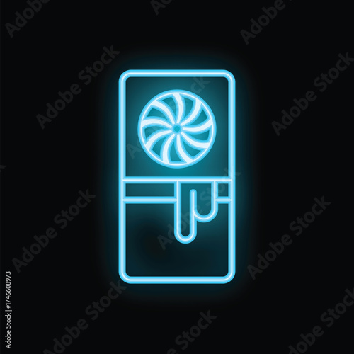 Bright blue neon sign illuminating a candy shop window, showcasing a variety of delicious lollipops and sweets