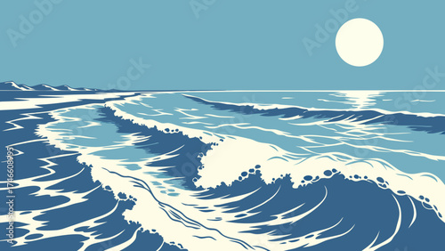 Ocean Wave Art Coastal Scene Blue Water Sea Beach Summer Graphic Design Vintage Style Minimalist Abstract Wave Illustration Ocean Background Surf Water Texture Coastal Illustration.