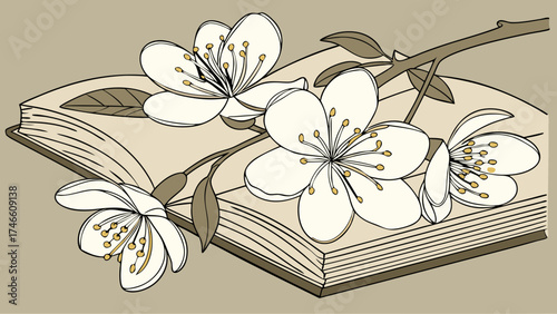 Open book with blossoming branch illustration spring floral design book and flowers nature and literature concept.