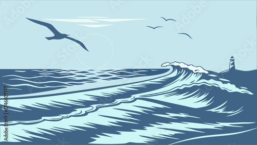 Ocean waves crashing on the shore with lighthouse and seagull flying.