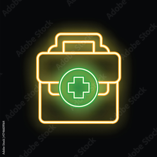Glowing neon line icon of a first aid kit, a medical symbol, isolated on a black background