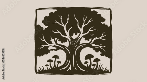 Enchanting tree and mushroom illustration for fairytale designs or storybook art, inspiring whimsical creations and bringing a touch of nature's magic
