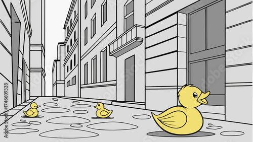 Cityscape with Rubber Ducks in Puddles.