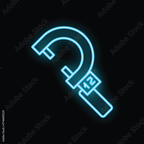 Blue neon style icon of outside micrometer glowing on black background, illustration from tools and instruments concept
