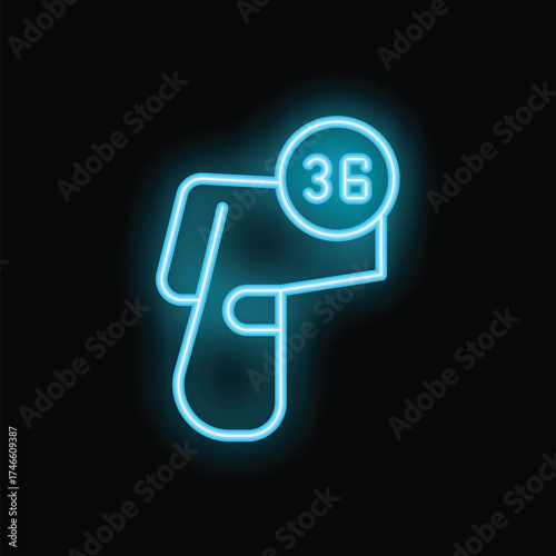 Neon medical icon of an infrared thermometer measuring normal body temperature