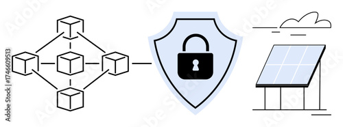 Blockchain nodes interconnected, shield with padlock representing secure data, solar panel symbolizing renewable energy. Ideal for data integrity, cybersecurity, sustainability, decentralized