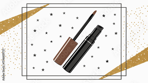 Cosmetics Product Makeup Applicator Brown and Black Illustration Graphic Design Beauty Fashion Style Elegant Trendy Glamour Starry Background.