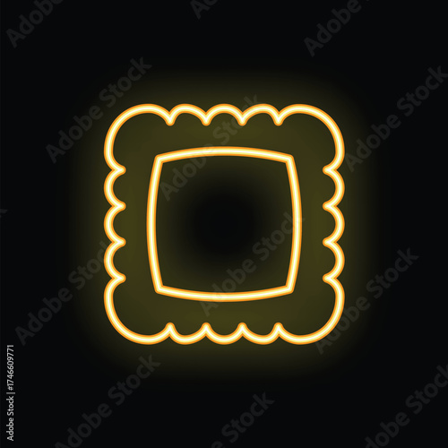 Bright yellow neon sign depicting a single ravioli pasta glowing on black background
