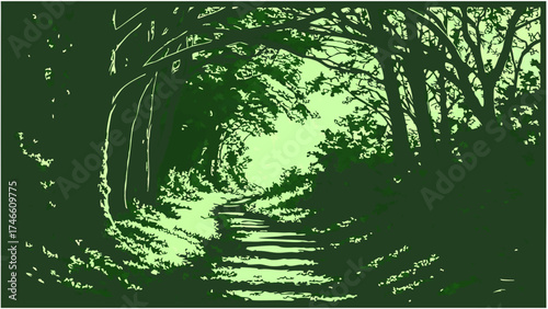 Pathway through a lush green forest tranquil nature scene artistic illustration foliage trees leaves woodland path walkway summer spring green tones vibrant calming peaceful serene.