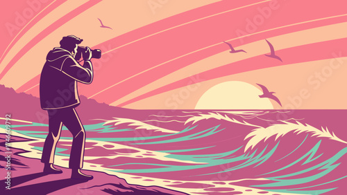 Photographer at the beach capturing sunset or sunrise with flying birds vector illustration.