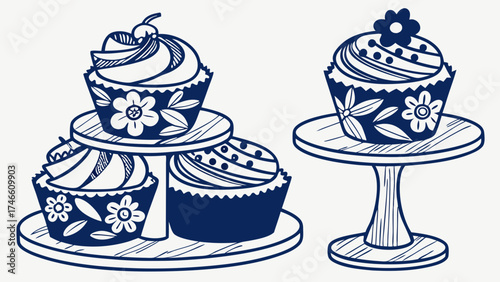 Delicious cupcakes on display stands perfect for bakery menus cards and websites.