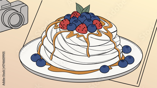 Delicious Dessert with Berries and Caramel Sauce Food Photography Sweet Treat Culinary Illustration Bakery Restaurant Menu Recipe Blog Post Website Design Digital Art Graphic Design Wh.