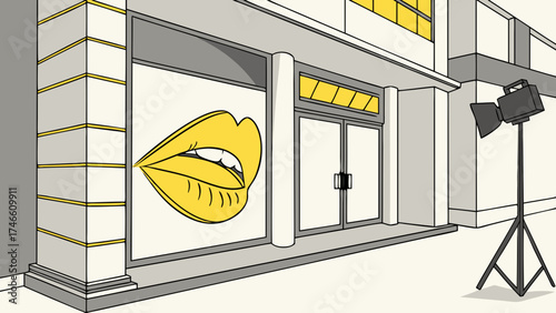Pop art style storefront with a yellow lips design and a spotlight.