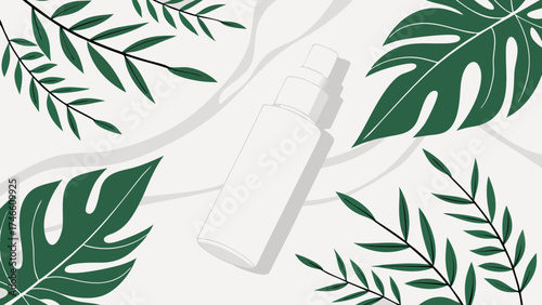 Product mockup with tropical leaves and minimalist design.