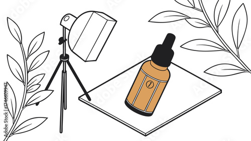 Product Photography Setup with Bottle and Studio Lighting Botanical Illustration.