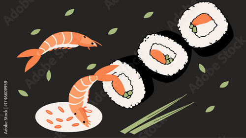 Delicious Sushi and Shrimp Illustration Asian Cuisine Food Design Menu Graphic Restaurant Poster Web Banner Digital Art.