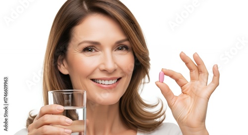 A confident, smiling adult woman with beautiful brown hair and a healthy complexion gazes directly at the viewer, holding a single pink pill poised between her fingers in one hand and a clear glass of