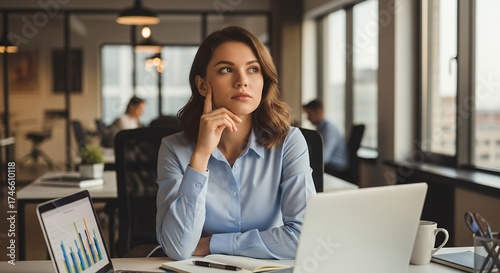 A contemplative young adult woman in a modern, brightly lit open-plan office environment. She is seated at a desk, wearing a light blue professional shirt, with her hand gently touching her face as sh