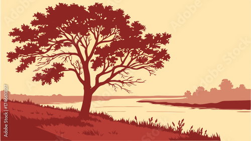 Red Tree Silhouette by River Landscape Nature Illustration Calm Scenery Peaceful Background for Design.