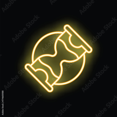 Glowing neon icon of an hourglass with sand flowing, symbolizing the passage of time