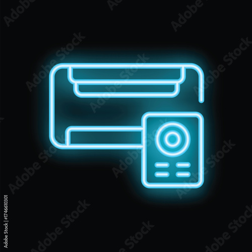 Glowing neon icon of a split system air conditioner with remote control