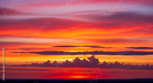 A magnificent and vibrant sky bursts with an intense palette of colors during either dawn or dusk. Fiery reds, brilliant oranges, and warm yellows blend seamlessly with soft pinks and deep purples, cr