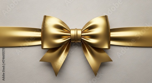 A luxurious golden bow with elegant folds and a shimmering metallic finish is prominently displayed, tied around a subtly textured, neutral-toned background. The rich, opulent color of the ribbon crea