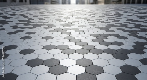 A modern ground surface composed of hexagonal tiles in light and dark grey. The geometric pattern creates depth, extending towards a blurred urban backdrop. Ideal for architectural, technology, and ab