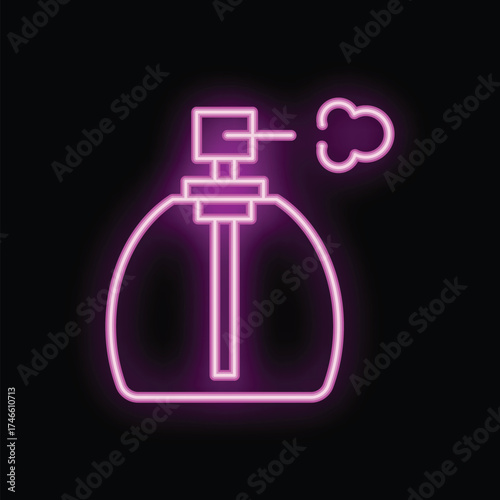 Pink neon sign of a perfume bottle spraying fragrance on a black background