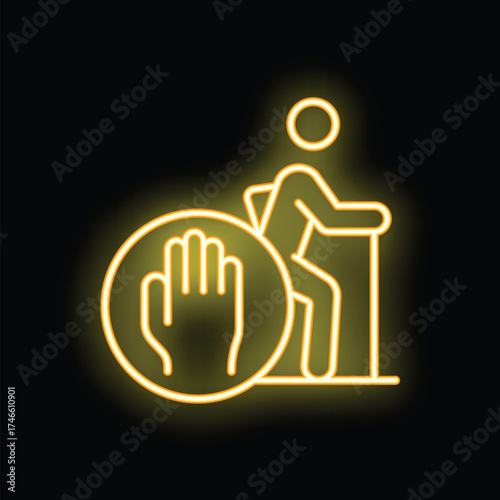 Neon sign of a senior man getting up from a chair with a stop sign, concept of frailty and fall prevention