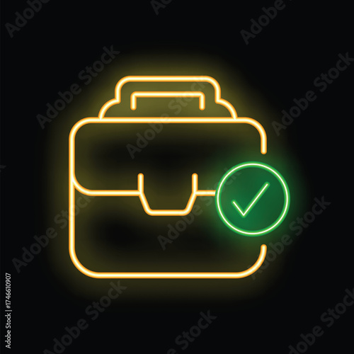 Neon green check mark is glowing on a briefcase icon on a black background, representing a successful business deal