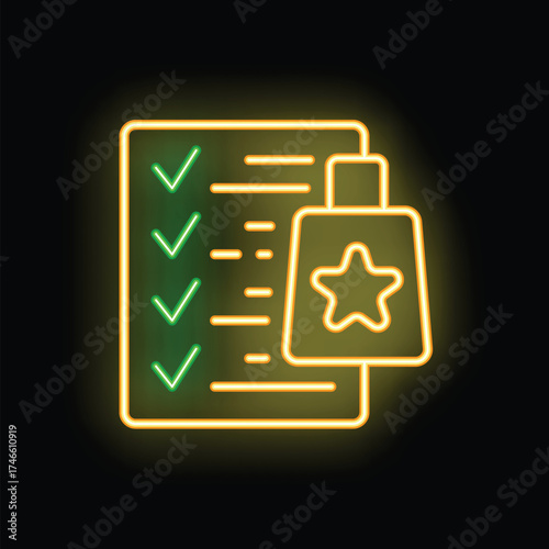 Glowing neon icon of a loyalty program with a checklist and a bonus card with a star