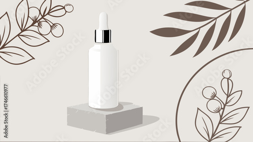 Empty Cosmetic Dropper Bottle on a Stone Base.