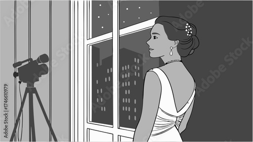 Elegant Woman in Evening Gown Looking Out Window at Night Film Camera Present.