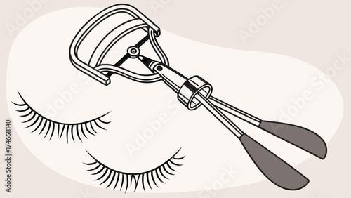 Eyelash curler and lashes beauty tool makeup accessory cosmetic item graphic design vector illustration simple elegant stylish minimalist black and white line art isolated white back.