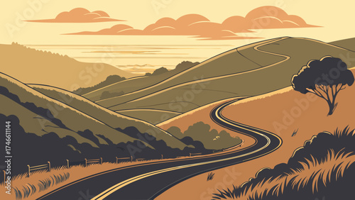 Scenic winding road through stylized rolling hills with clouds.