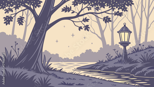 Serene Evening River Scene with Lamppost and Trees Illustration for Book Card or Print Design.