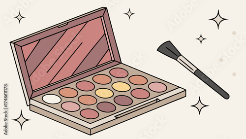 Eyeshadow palette with brush makeup cosmetic beauty product illustration design graphic artist fashion style trend glamour elegance sophisticated palette shades colors tones pi.