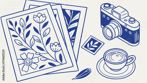 Flat lay illustration of camera photos coffee and leaves.