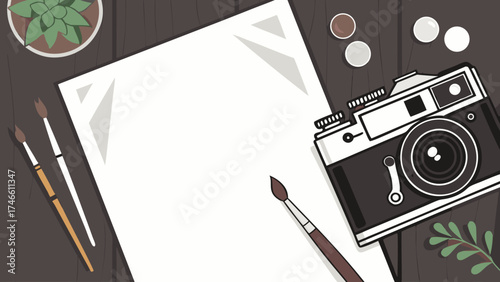 Flat lay of art supplies and vintage camera on wooden surface with blank paper for mockup design.