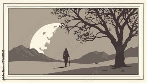 Silhouette of a Figure in a Landscape at Night Under a Full Moon.