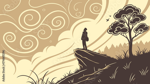 Silhouette of a person standing on a cliff overlooking a stylized landscape with swirling clouds and a tree.